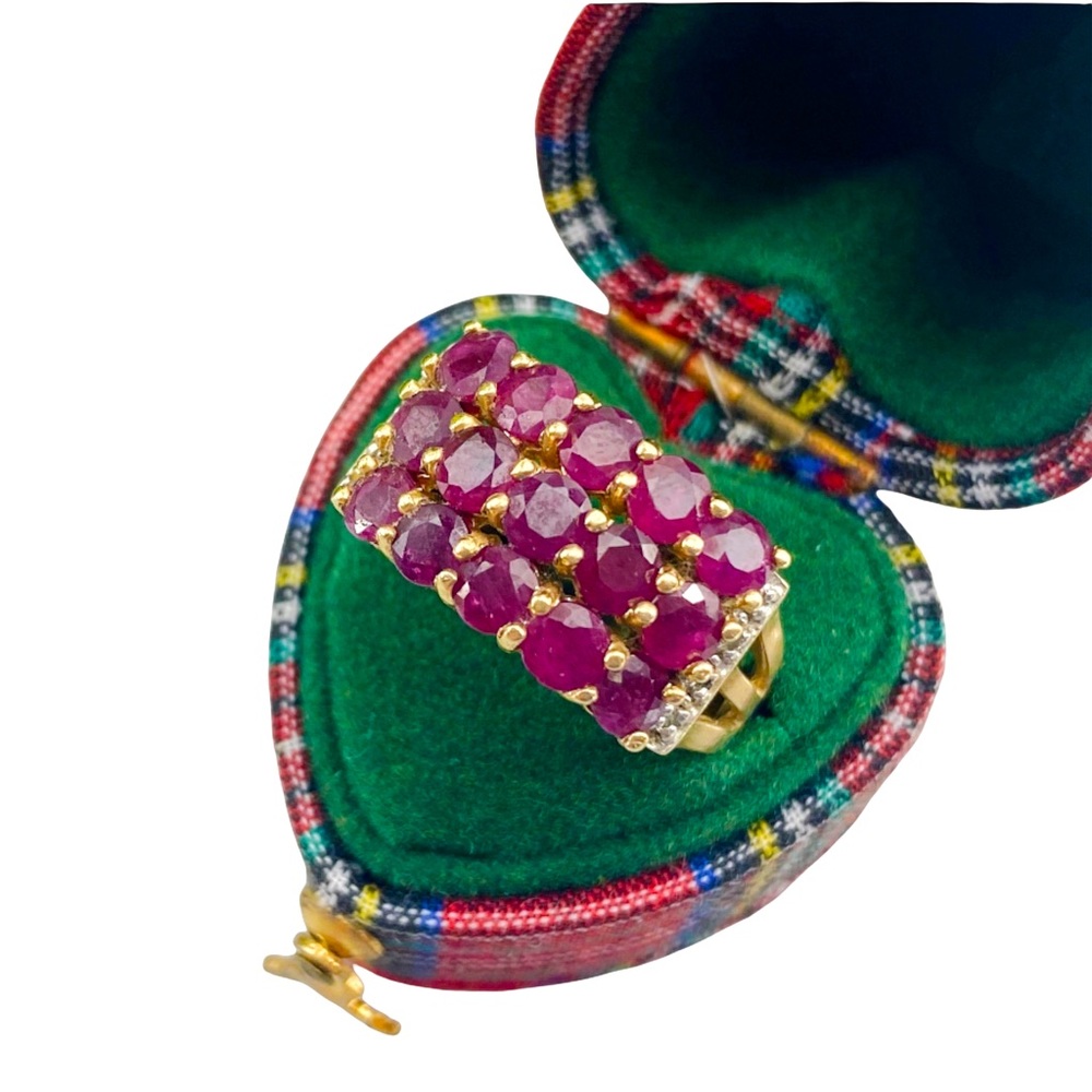 14k Solid Yellow Gold Estate Genuine Ruby Diamond Cocktail Pave Ring